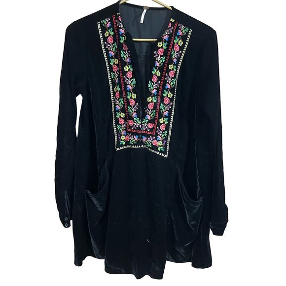 Free People Always Forever Black Velvet Embroidered Tunic Dress Sz XS TP - Picture 1 of 8